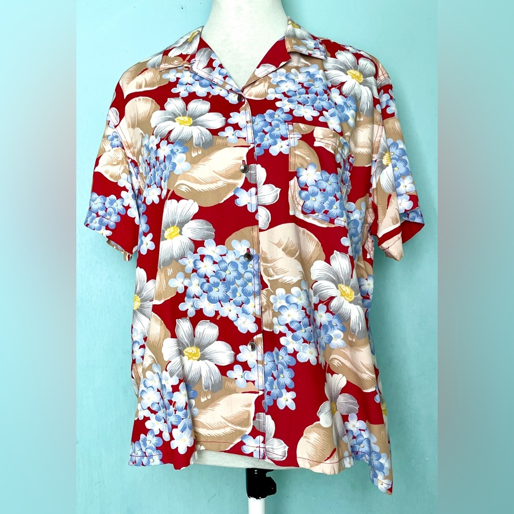 Liz Claiborne Lizwear Rayon Floral Red Blue Tan Camp Shirt Button Blouse L